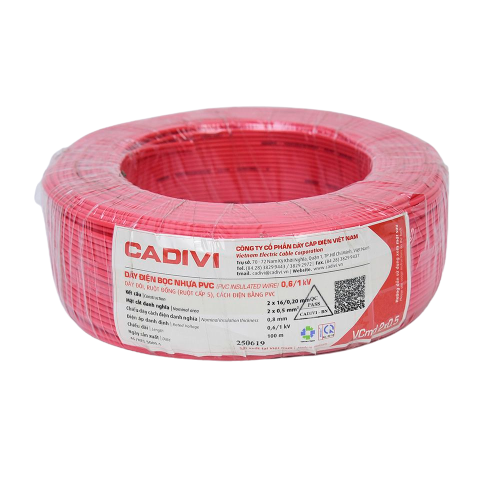 Dây cáp điện đôi mềm (dây dẹp) VCmd Cadivi 2x0.5 màu đỏ, ruột đồng bọc nhựa PVC, cuộn 100 mét, giá tính theo mét