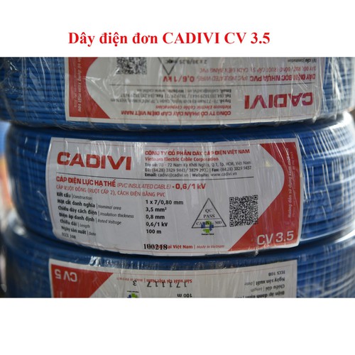 Dây cáp điện Cadivi cv-3.5 màu xanh dương, ruột đồng cách điện PVC ( cấp 2), cuộn 100 mét