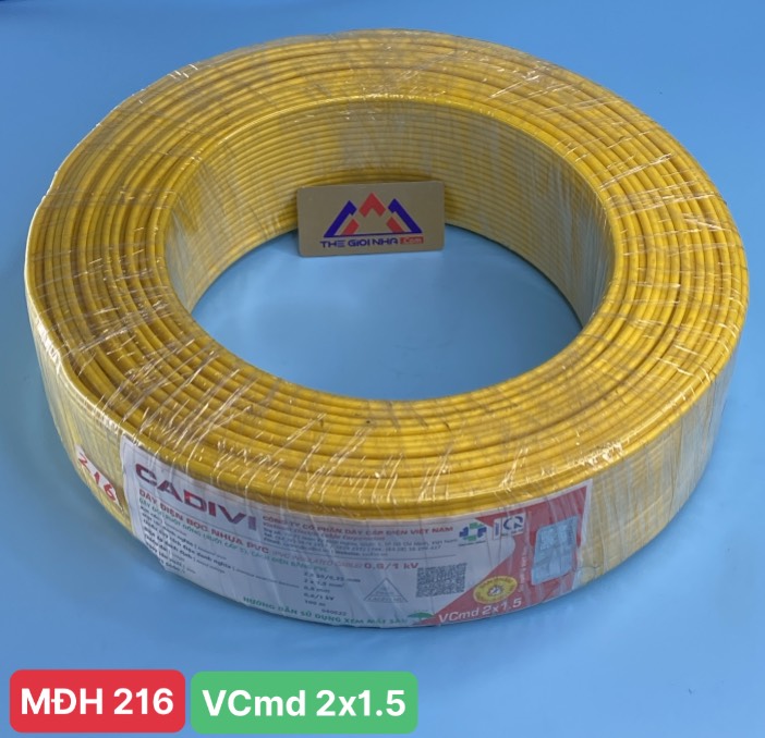 Dây điện Cadivi VCMD 2x1.5 màu vàng, 0.6/1KV, cuộn 100m, giá theo mét