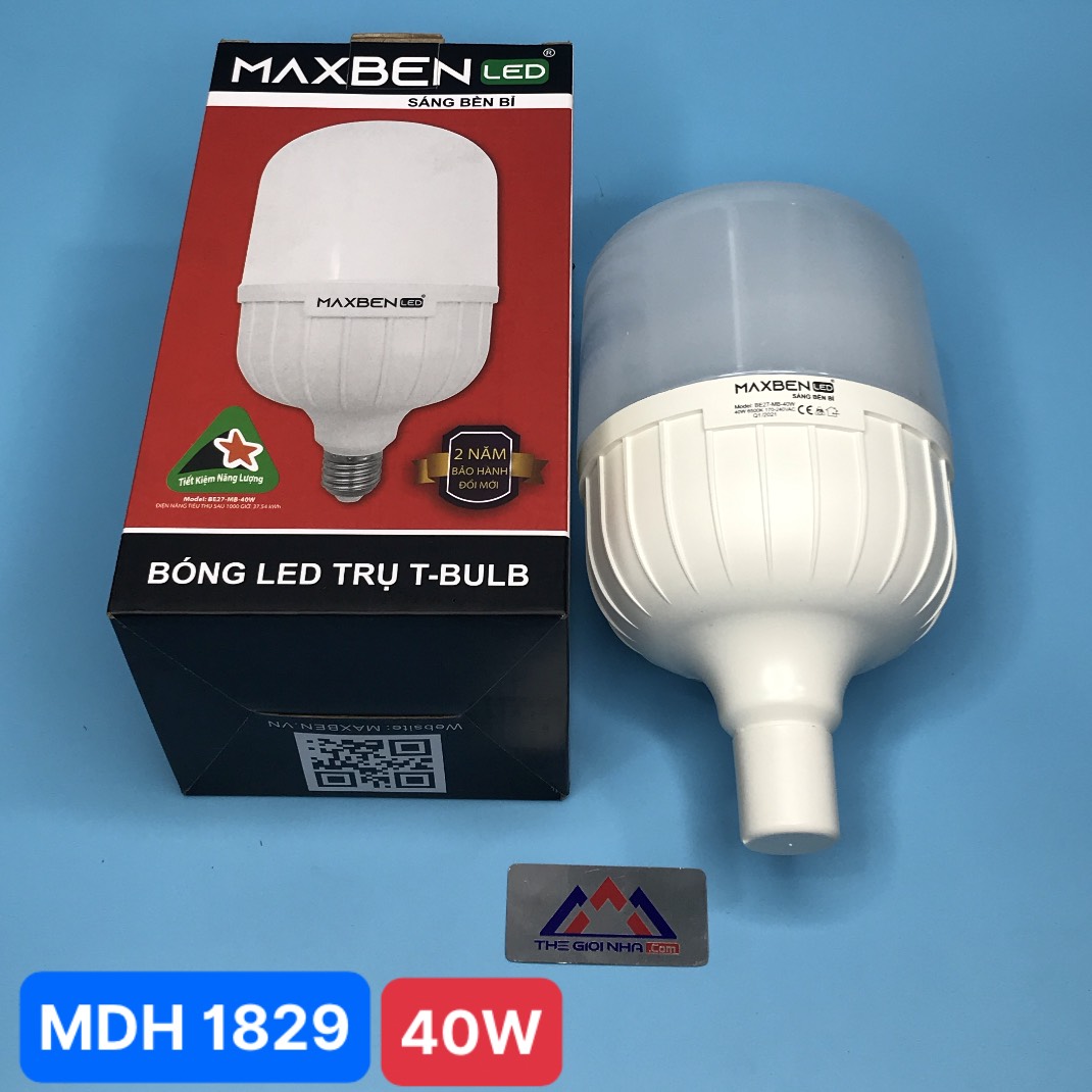 Đèn led bulb 40w 100-265vac Maxben BE27-MB-T127-40-T, thân nhựa, ánh sáng trắng, đui đèn e27