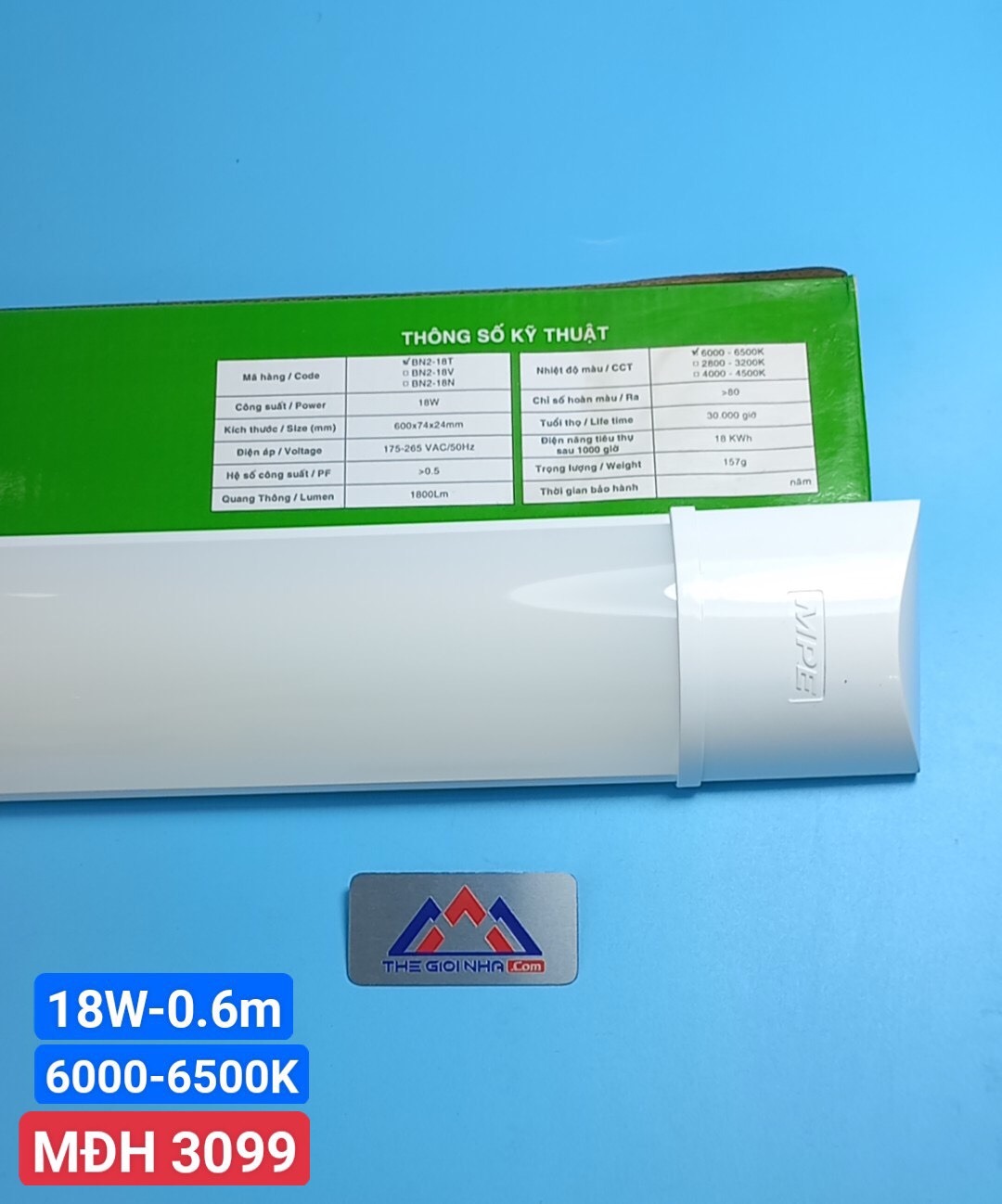 Đèn led bán nguyệt nhựa 6 tấc 18W, MPE BN2-18T, ánh sáng trắng, đóng gói 1 cái/hộp, 12 cái/thùng