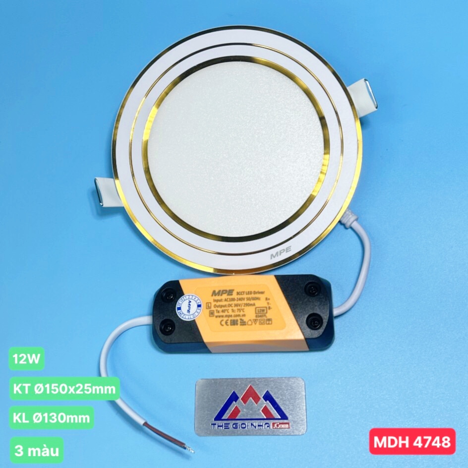 Đèn Led panel âm trần tròn, viền vàng 12W MPE RPL-12S/3C/G 3 màu, KT Þ150x25 mm, đục lỗ Þ130 mm