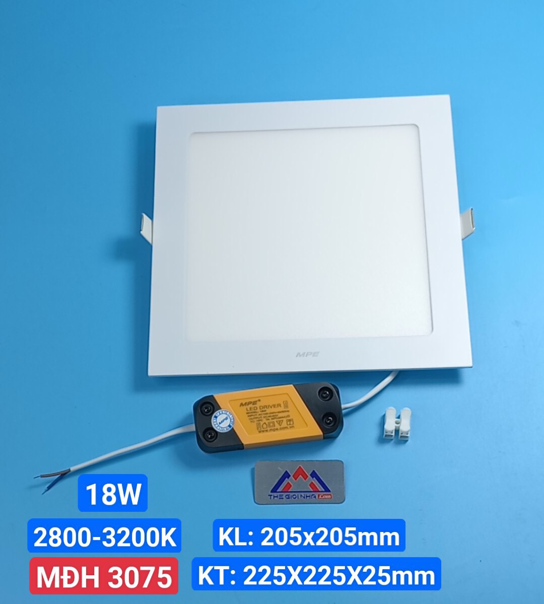 Đèn led panel âm trần vuông 18w MPE SPL-18V, ánh sáng vàng, KT 225×225x25mm, đục lỗ 205x205 mm