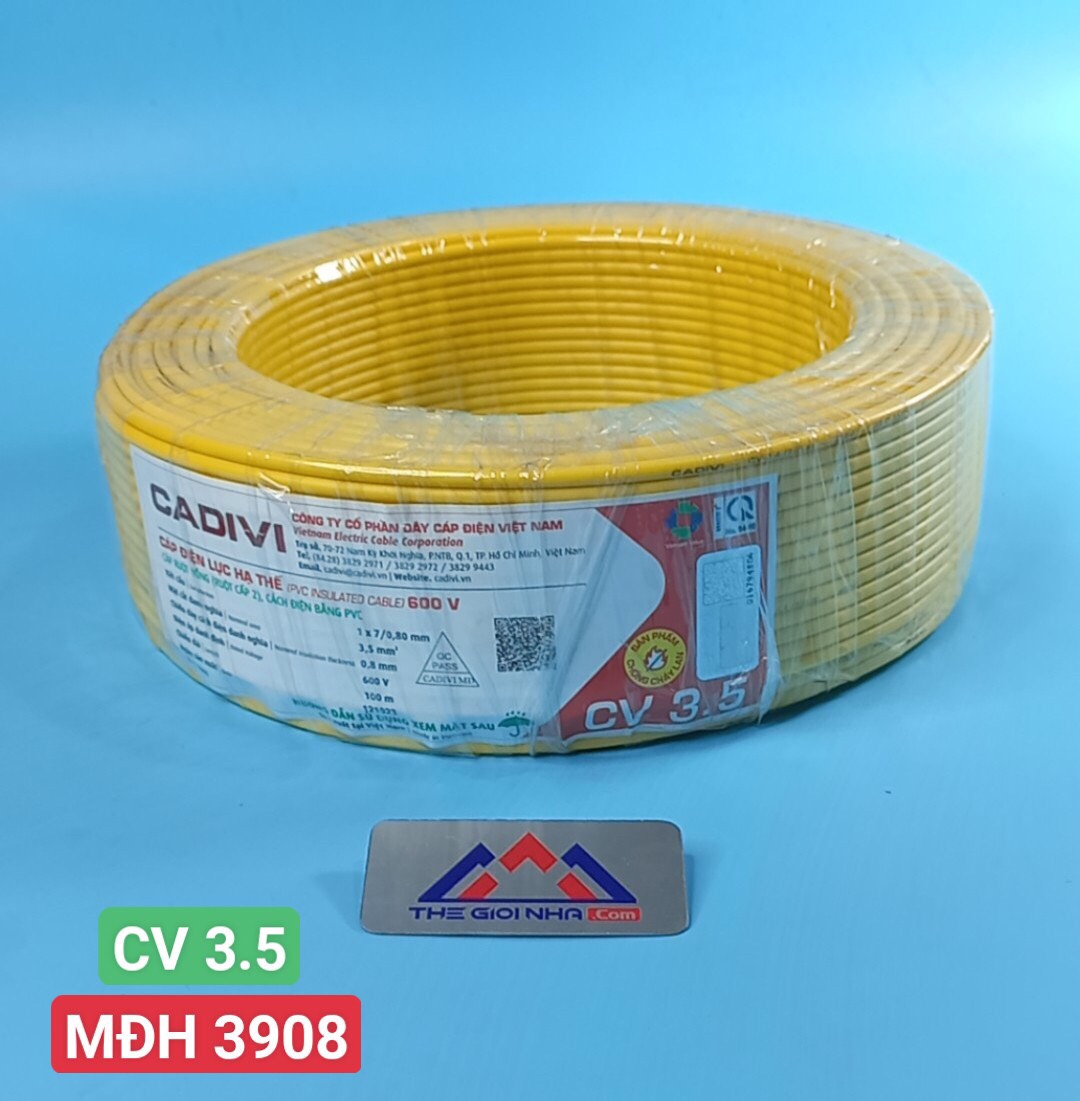 Dây điện đơn CV 3.5 Cadivi, màu vàng, cuộn 100m