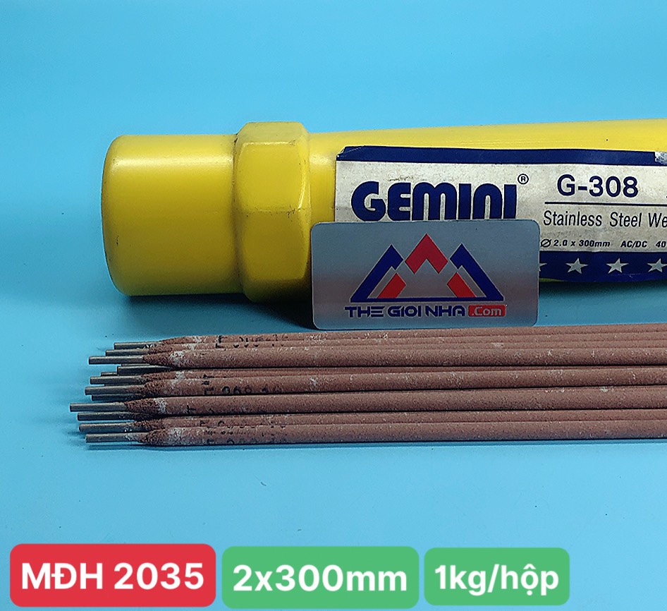 Que hàn inox 2.0mm Gemini Kim Tín G-308, kích thước 2.0x300mm, hộp/1 kg, 12 hộp/ thùng