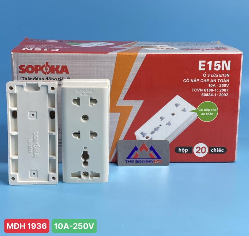 Ổ cắm điện 3 lỗ sopoka e15n chống cháy có nắp che an toàn